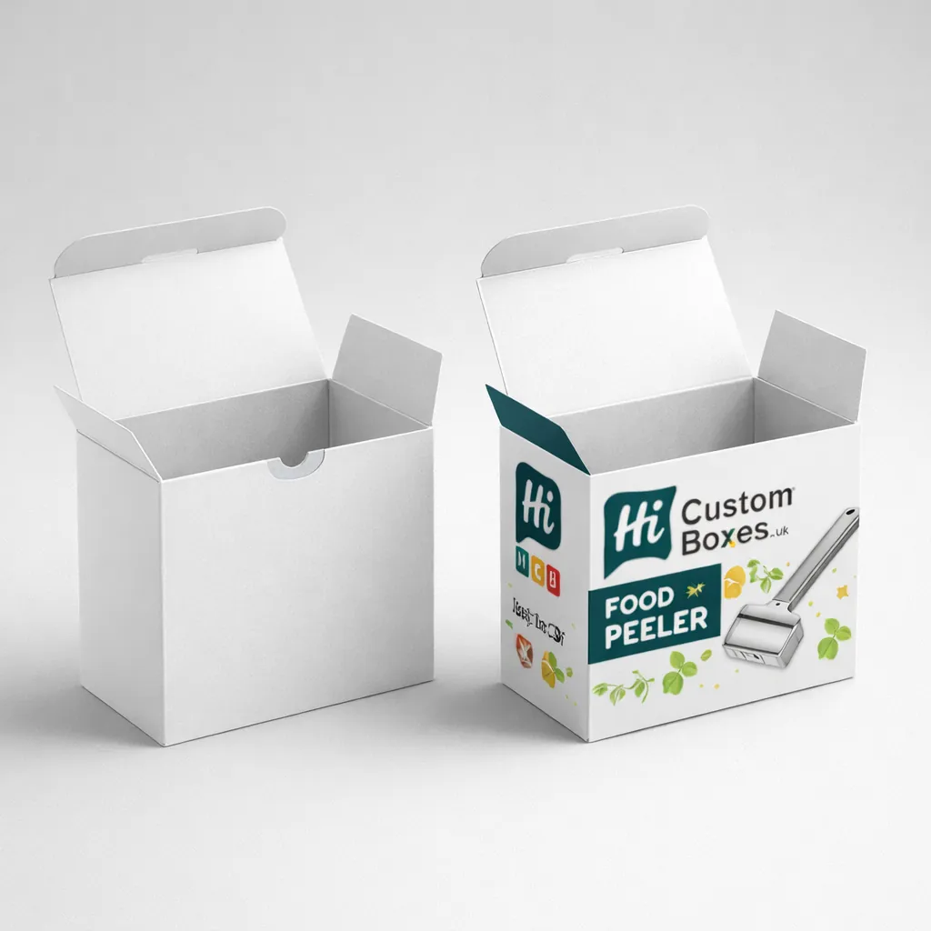 Two white cardboard tuck-top boxes, one plain and one featuring custom printed kitchen tool branding.